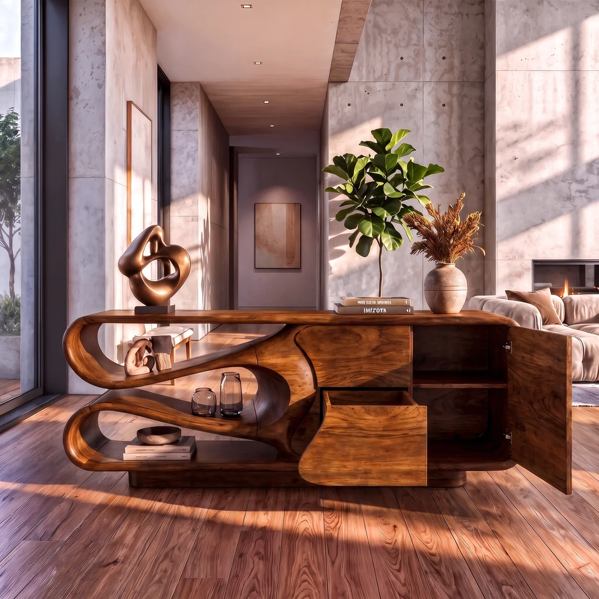 Organic Sideboard With Integrated Drawers And Flowing Silhouette For Living Room