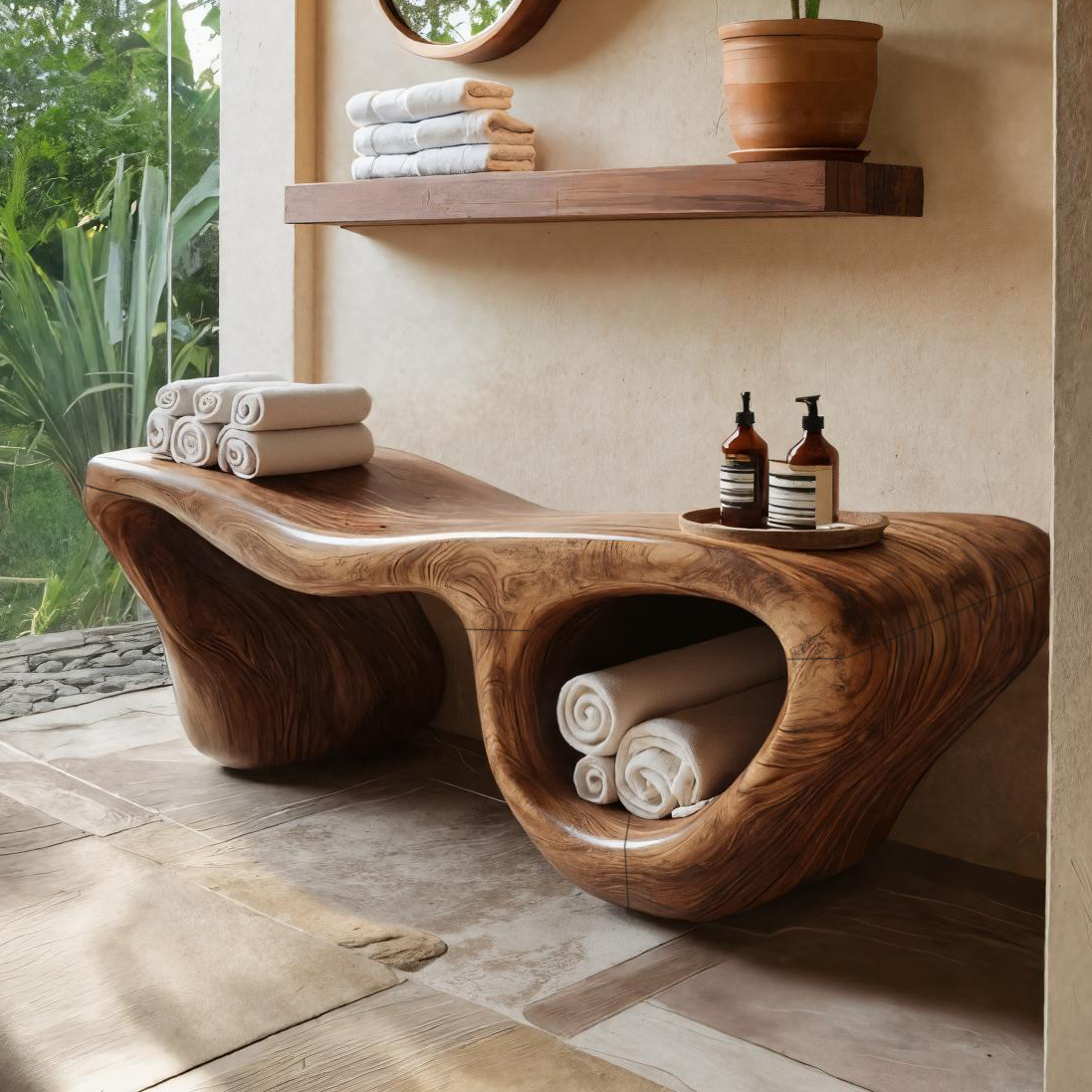 Organic Wave Carved Shower Bench Double Storage For Bathroom